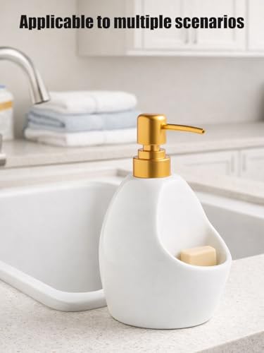 Image of Ceramic Soap Dispenser with Sponge Holder - White Refillable Dish Soap Dispenser for Kitchen Sink, 2-in-1 Sink Organizer with Pump Bottle & Tray - Modern Farmhouse Countertop Accessory