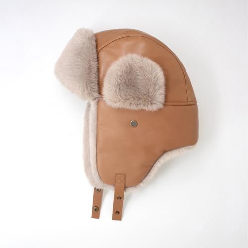 Image of Leather Trapper Hat, Faux Fur Lined Winter Aviator Cap for Women and Men