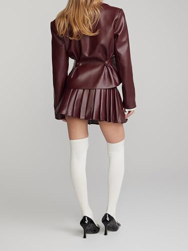 Mandonce Leather Skirt Set Lapel Waisted Leather Cropped Jacket and Pleated Mini Skirt Varsity Cute Fall Outfits for Women4