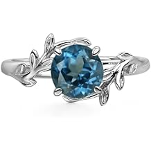 LUO 925 Sterling Silver Rings 7MM Round Shaped Gemstone Engagement Rings with Leaf Design Promise Rings for Her Birthday Christmas Valentines Day Jewelry Size 3-13