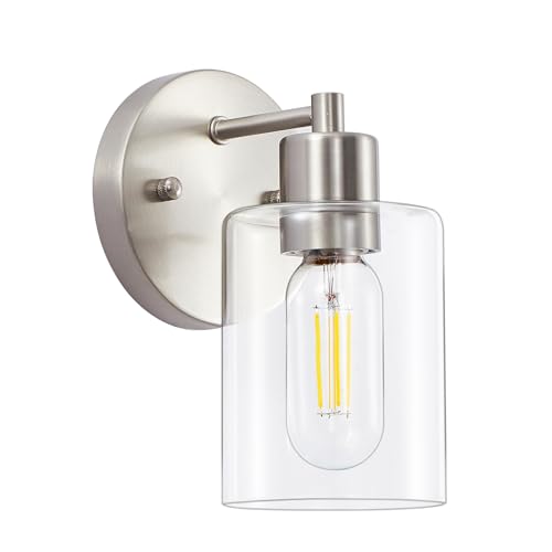 1-Light Bathroom Wall Sconce, Brushed Nickel Vanity Light, Modern Wall Light Fixture with Clear Glass Shade and Moisture and Rust Prevention, Wall Mount Light Fixtures for Mirror, Bedroom, Hallway