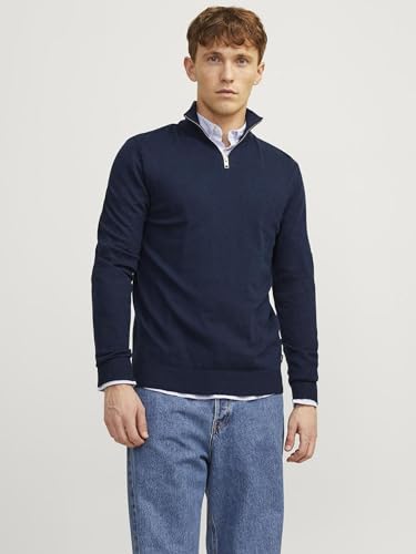 JACK & JONES Herren Dünner Strickpullover | Stehkragen Sweater mit Reißverschluss | Langarm Basic JJEEMIL, Farben:Navy, Größe Pullover:XL