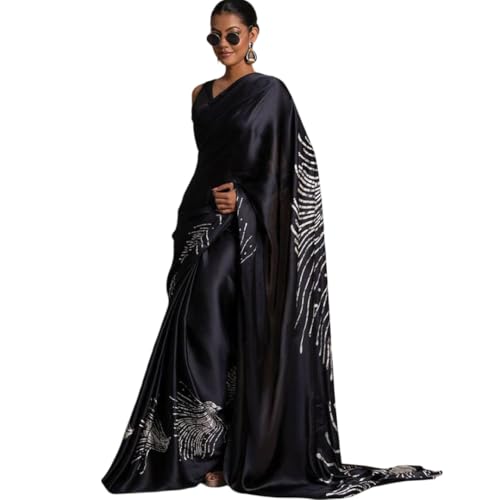 Image of Japan Satin Floral Print Saree for Women with Blouse Piece - Satin Finish Draped Saree