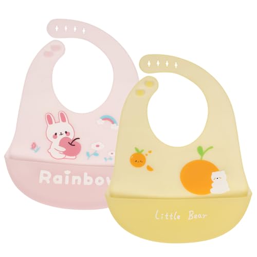 Vicloon Silikon Baby Lätzchen 2PCS Baby Fütterlätzchen mit Auffangschale 6 Verstellbaren Tasten BPA Frei Babylätzchen Einfache Reinigung Wasserdicht für Babys Jungen und Mädchen Bär & Kaninchen
