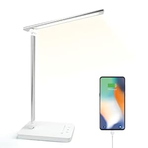 Lampe de Bureau LED Puissante 15W Lampe Bureau Tactile Dimmable 10 Luminosité Réglable 5 Modes de Couleur Lampe Lecture Protection des Yeux, Port USB&Fonction Minuterie /Mémoire