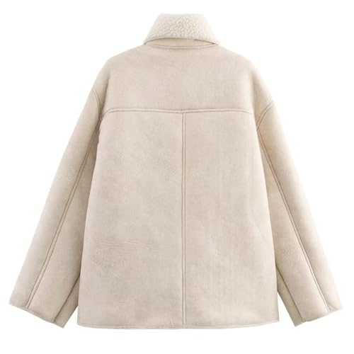 Perbai Women's Lapel Fleece Lined Single Breasted Faux Suede Jacket Oversized Leather Trucker Coat4