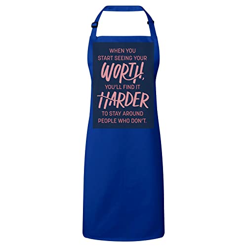 Tablier cuisine bleu premium avec citation inspirante Worth People
