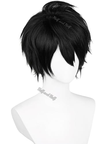 Image of Half and Half Short Black Anime L Note Cosplay Wig for Men Black Emo Costume Gothic Male Wigs with Bangs Layers for Women Unisex Halloween Party