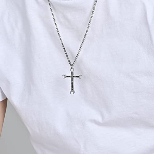Men Wrench Cross Necklace,Stainless Steel Silver/Gold/Black I Can Do All Things Inspiring Bible Verse Pendant Necklace Christian Jewelry,60cm Rolo Chain4