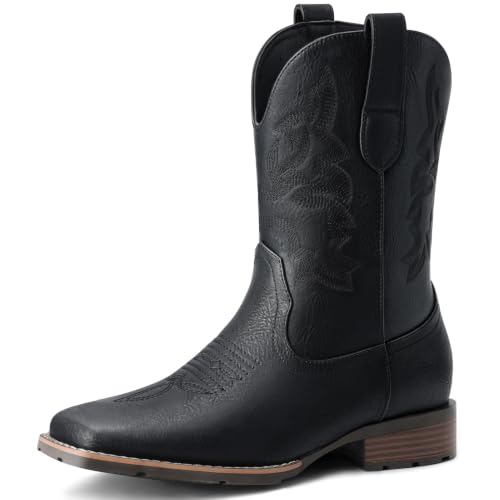 Suokdil Cowboy Boots for Men - Men's Western Boots with Embroidery, Slip Resistant Square Toe Chunky Heel, Durable and Fashionable Retro Classic Footwear for Spring and Fall Black 10