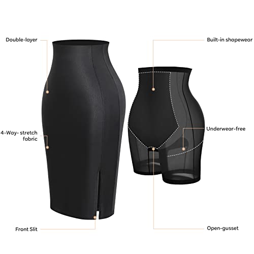 Popilush Wear To Work Pencil Skirts For Women Built In Shapewear Elastic High Waist Wrap Front Slim Split Midi Skirts Black #TOP2