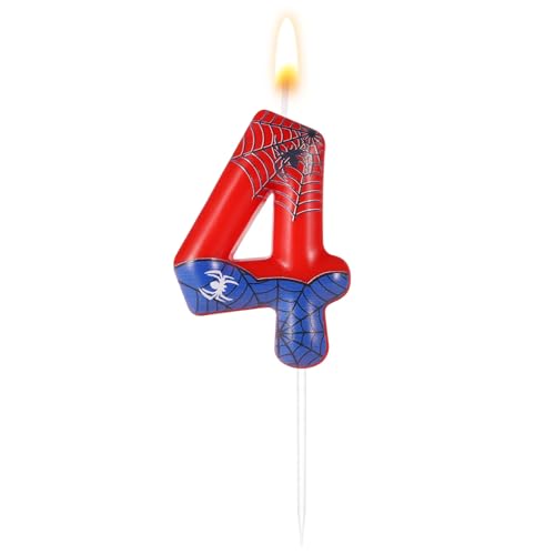 Spider Themed Birthday Candle, Red Blue Spider Web Candle Spider Candle Number Candle Birthday Cake Candle Spider Birthday Decorations for Boys Girls Birthday Cake Party Decoration (4)
