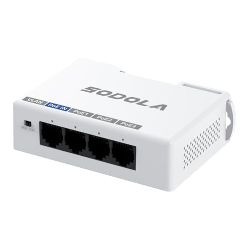 Image of Sodola 4 Port Gigabit PoE Extender, 1 PoE In and 3 PoE Out, IEEE 802.3 af/at 30W PoE Repeater with 10/100/1000Mbps, Wall Mount and Din-Rail Mount PoE Passthrough Switch