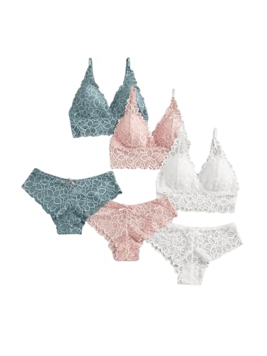 Image of Verdusa Women's Lingerie Sets 6 Piece Lace Bow Floral Underwear Bras Wireless Padded Bra and Panty Set