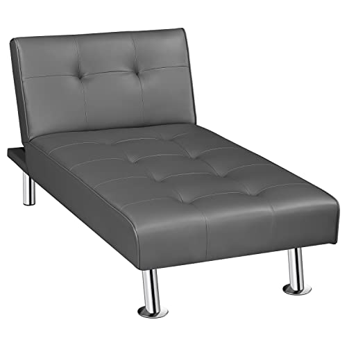 Topeakmart Faux Leather Upholstered Sofa Convertible Recline Sofa Bed For Living Room/Bedroom/Small Apartment Modern Couch Daybed With Chrome Metal Legs Comfortable Versatile Sofa, Gray #TOP17