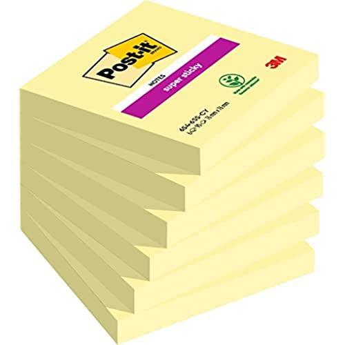 Post-it Super Sticky Notes, Jaune Canari, Pack de 6 Blocs, 90 Feuilles par Bloc, 76 mm x 76 mm, Jaune Pastel - Notes Super Adhésives pour Prise de Notes, Listes de Tâches et Rappels