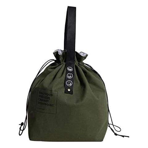 Insulated Lunch Bag Drawstring Tote Bag Zippered Bento Bag Army Green Simple Style Picnic Bag for Men Girls Children Outdoor Picnic Work Cover
