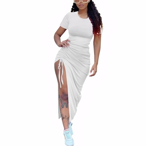 Image of Nimsruc Women Sexy Summer Dresses Short Sleeve Thigh-high Slit Ruched Bodycon Maxi Club Cocktail Party Dress