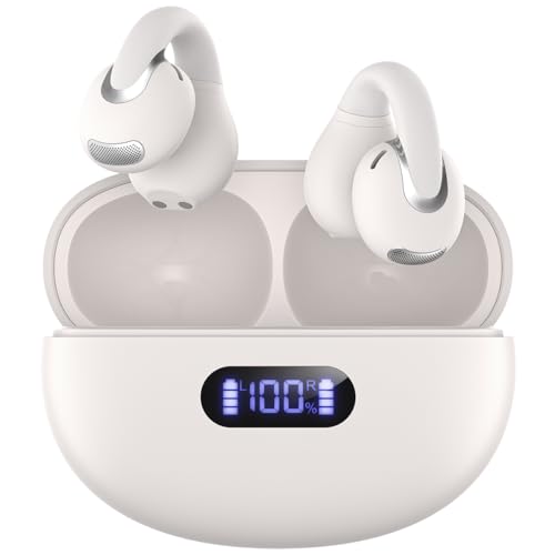Image of Open Ear Clip Wireless Earbuds Bluetooth 5.4, Lightweight Comfort Sports Bone Conduction Headphones Built-in Mic for Clear Audio, Stable Fit Earphones 24H Play-Beige