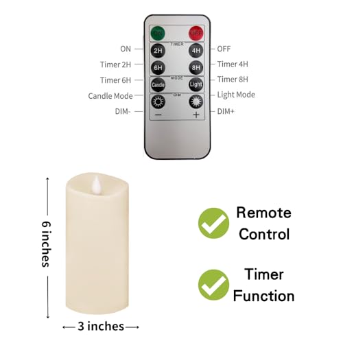 Image of 3x6 Flickering Flameless Candles Set of 1,6 inch Real Wax LED 600 Hours Battery Candles with Timer Remote,Control for Wedding Party Indoor,Ivory