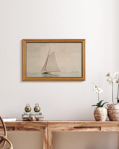 Image of HUARCEY Gold Framed Vintage Wall Art for Living Room, Seaview Painting Prints Shelf Decor for Kitchen, Aesthetic Bedroom Large Wall Art, Gifts for Friends or Family (White Sailboat - 16 inchx24 inch)