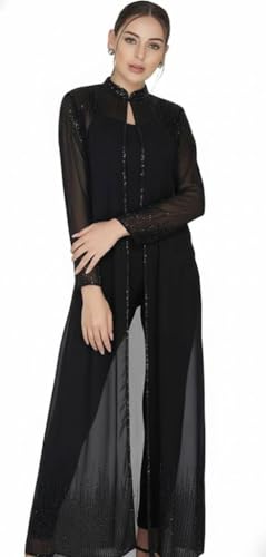 Image of Matelco Women Georgette Floor Length Hand Embroidered Embellished Longline Front Open Shrug Dress