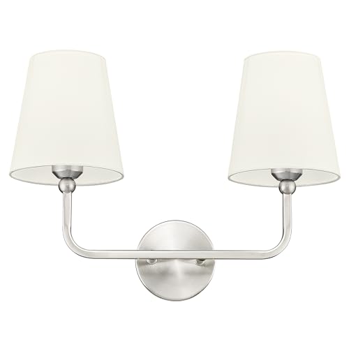 METWET 2-Light Bathroom Light Fixtures, Brushed Nickel Vanity Lights, Double Wall Sconce with Beige Fabric Shade, Modern Sconces Wall Lighting for Hallway Bedroom Stairway, VL837-BN-B-2