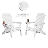 Plawdlik Folding Adirondack Chair, SGS Tested, Wooden Textured with Cup Holder, Heavy All-Weather HDPE Comfortable Set Poolside Backyard Lawn White Set 2