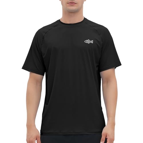 Men\'s Rash Guard Swim Shirt Short Sleeve, Quick Dry UPF 50+ Sun Protection Fishing T-Shirt (Black,3XL)