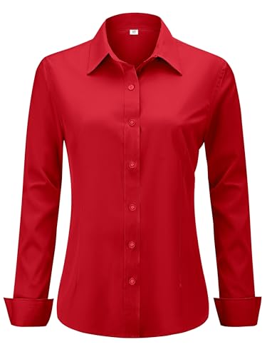 hearain Bright Red Button Down Dress Shirt Women Womens Long Sleeve Blouses for Shirts Up Tops...