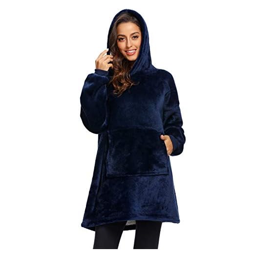 Winter Outdoor Hooded Pocket Blankets Warm Soft Hoodie Slant Robe Bathrobe Sweatshirt Pullover TV Fleece Blanket with Sleeves (Blue)