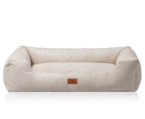 Knuffelwuff Hundebett aus Cord mit Handwebcharakter Olivia XXL 120 x 85cm Beige - Abnehmbarer Bezug - waschbar - für große, mittelgroße und kleine Hunde
