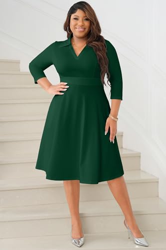 Image of Nmoder Casual Dresses for Women Semi Formal Fit and Flare 3 /4 Sleeve V Neck Cocktail Church Midi Dress with Pockets
