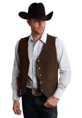 JULUOYIE Mens Suede Leather Vest Vintage Cowboy Waistcoats Wedding Slim Fit Sleeveless Jacket Brown