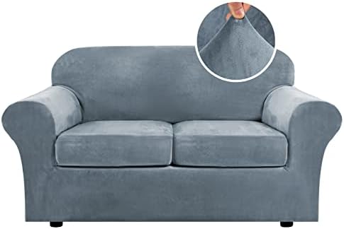 Real Velvet Plush 3 Piece Stretch Sofa Covers Couch Covers for 2 Cushion Couch Loveseat Covers (Base Cover Plus 2 Individual Cushion Covers) Feature Thick Soft Stay in Place (Medium Sofa, Stone Blue)