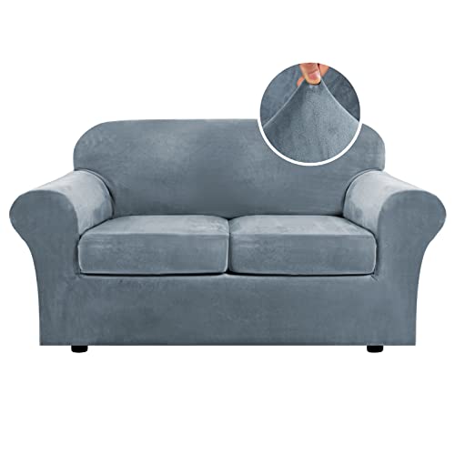 Real Velvet Plush 3 Piece Stretch Sofa Covers Couch Covers For 2 Cushion Couch Loveseat Covers (Base Cover Plus 2 Individual Cushion Covers) Feature Thick Soft Stay In Place (Medium Sofa, Stone Blue) #TOP29