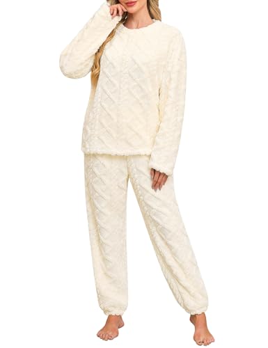 UMIPUBO Femme Pyjama Polaire Hiver Ensembles de Pyjama Pull Chaud Et Doux Manches Longues Haut et Pantalon Deux Pièces Confortable Vêtements de Nuit avec 2 Poches (Beige, XL)