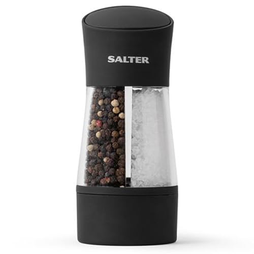 Salter 7612 BKXRA Dual Salt & Pepper Grinders - 2-in-1 Compact Design, Refillable Spice Grinder Set, Adjustable Fine/Coarse Grinding, 75g Salt & 30g Peppercorns, Ceramic Mechanism, Twist to Grind