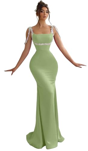 Mermaid Prom Dresses for Women 2024 Beaded Satin Long Formal Evening Gowns Backless