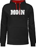 Pullover Herren Frauen Hoodie Kontrast zweifarbig - Sprüche Statement mit Spruch - Moin mit Leuchtturm - weiß - L - Schwarz/Rot - Hamburg Pulli - JH003