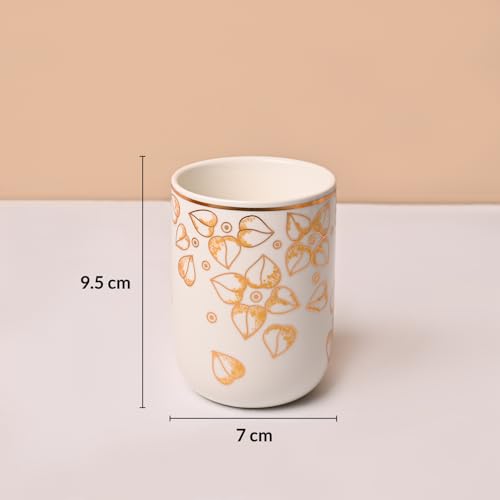Image of Market99 Ceramic Bathroom Set Glossy White and Golden with Sophisticated Leaf Design, Includes Soap Dispenser, Tumbler, Toothbrush Holder, and Soap Dish for Coordinated Bathroom Style, 300ML Capacity