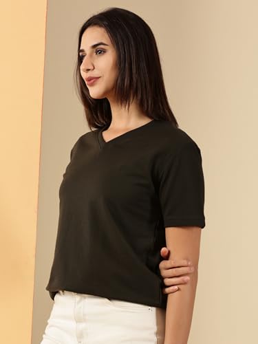 Image of Women's Pure Cotton Relaxed Fit V-Neck Half Sleeve T-Shirt | Gym Wear Casual Look T-Shirt | Regular Fitting with Comfort Wear for Women