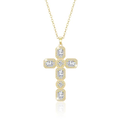 Linawe Cross Necklace for Women, Gold/Silver Jewelry Cross Charm Chain Necklaces, Moissanite Crystal Birthstone Cubic Zirconia Rhinestone Necklace, Religious Gifts