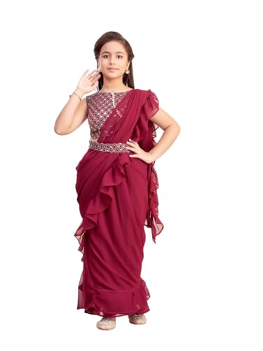 Image of Aarika Girls Ethnic Wear Cream Colour Sequin Embroidery Georgette Lehenga Saree With Attachable Dupatta