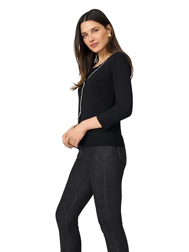 Cable & Gauge Women’s ¾ Sleeve Cardigan Twin Set, Scallop Trim, Black and White2