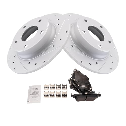 Image of TRQ Performance Rear Brake Pad and Rotor Set Ceramic Coated Drilled Slotted Rotors Compatible with 2020-2022 Nissan Sentra