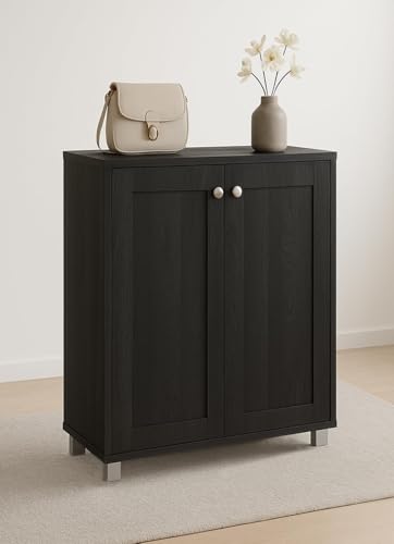 Image of Mevigo Shoe Rack Wooden with Door - 2 Door 4- Tier Engineered Wood Shoe Rack Organizer for Entryway, Hallway & Bedroom, Space Saving Shoe Storage Cabinet -Dark Grey-RB1
