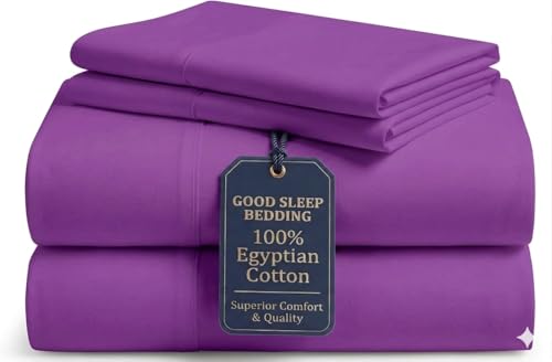 Image of Good Sleep Bedding 100% Egyptian Cotton Sheets Queen Size Bed Set, 4 Piece Silky Sateen Weave Queen Sheet Set, Ultra-Soft & Durable Hotel Luxury, 16 Inch Queen Sheets Deep Pocket - Purple