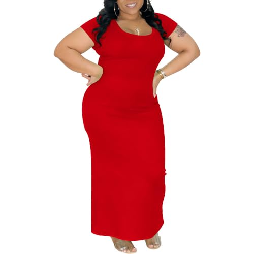 Mrskoala Women Plus Size Bodycon Maxi Dress Stretchy Knit Curve Hugging Short Sleeve Long Dresses Red 3XL
