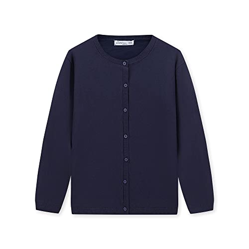 CUNYI Mädchen Rundhals-Strickjacke Leichter Baumwoll-Strickpullover zum Knöpfen mit Knöpfen Schuluniform Lässiger süßer Mantel Oberbekleidung, Marineblau 150